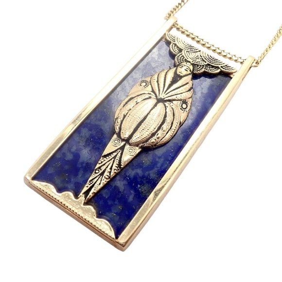 Rare Erte CFA 14k Yellow Gold Flapper Girl Art Deco Lapis Necklace - Picture 1 of 12